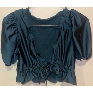 Forever 21 Teal Cropped Medium Short Sleeved Tied Ruffled V Neck Cropped Top